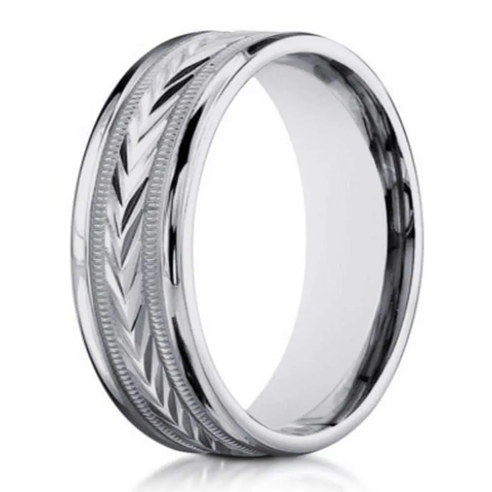 18K White Gold Designer Band for Men, Carved Arrow Design | 6mm