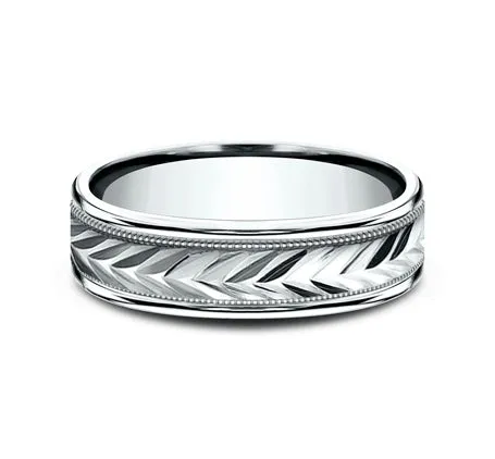 18K White Gold Designer Band for Men, Carved Arrow Design | 6mm