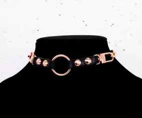 3/8" Black Vegan Leather Split O-Ring Collar in Rose Gold