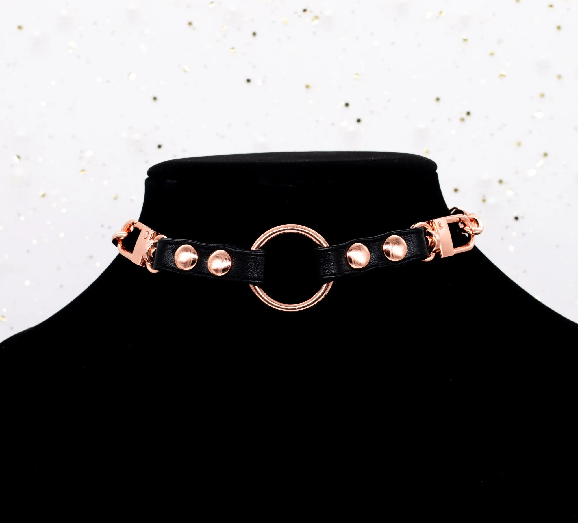 3/8" Black Vegan Leather Split O-Ring Collar in Rose Gold