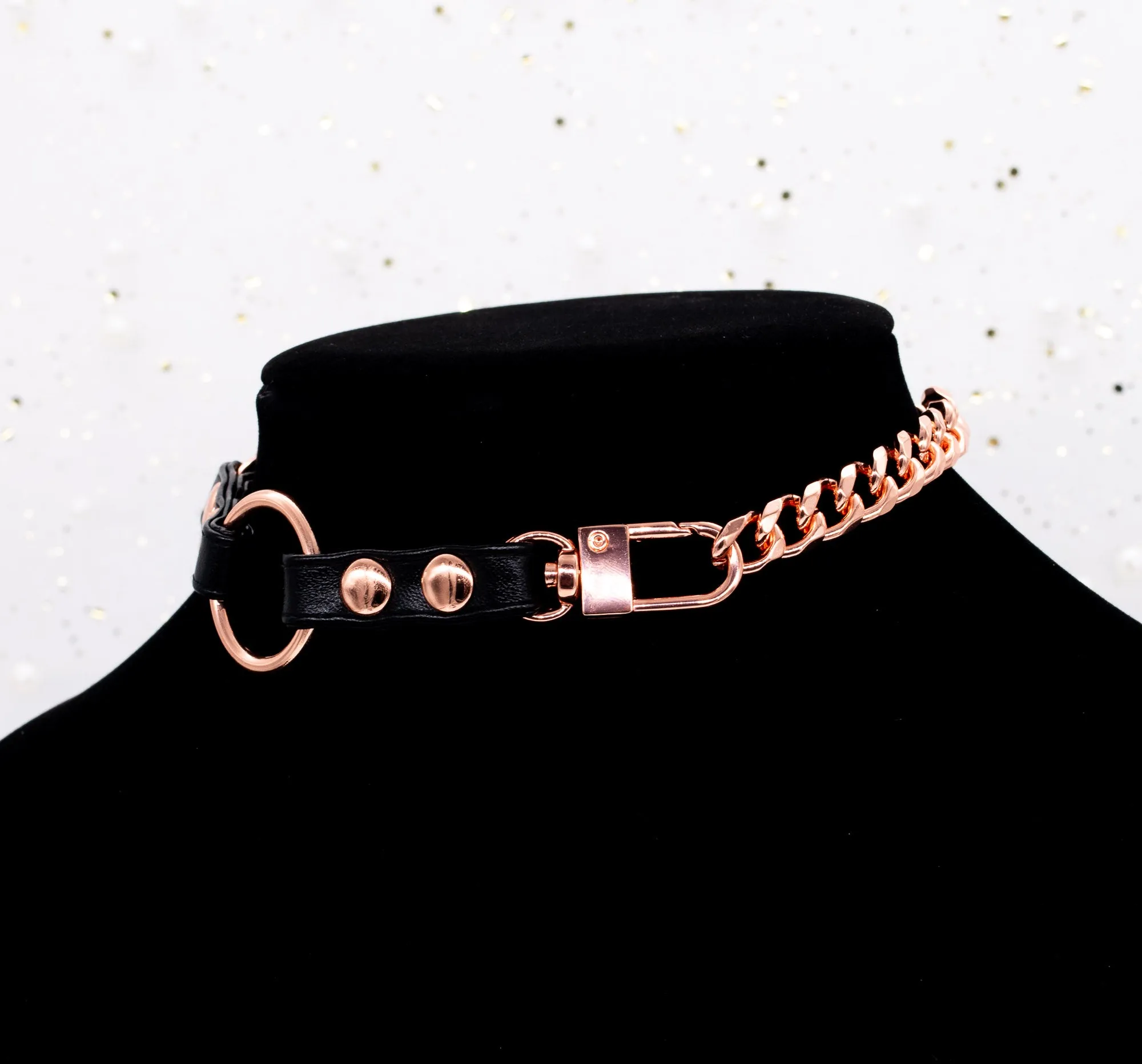 3/8" Black Vegan Leather Split O-Ring Collar in Rose Gold