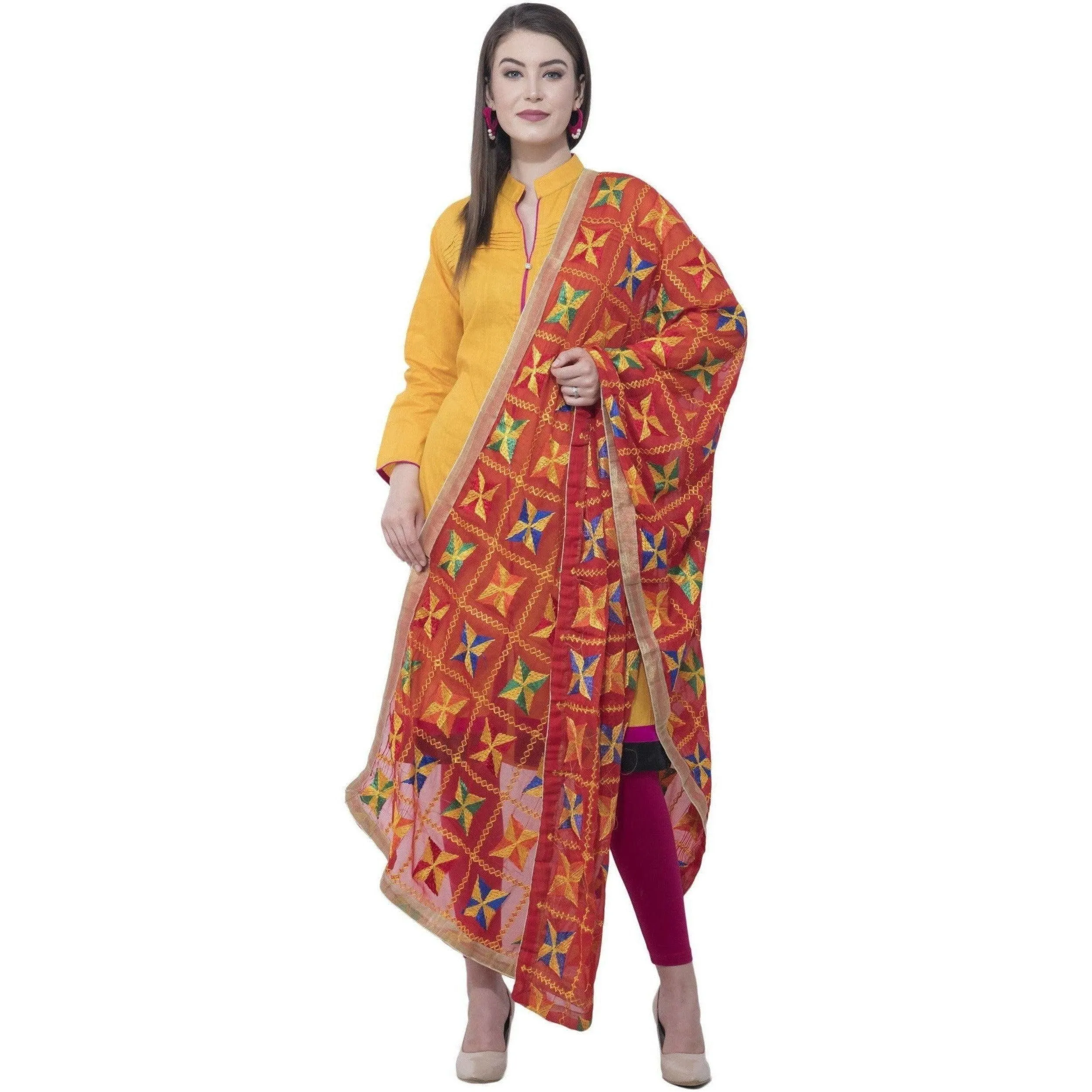 A R Silk Women's Multi Embroidery Chiffon Red Dupattas and Chunnis