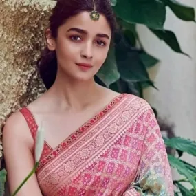 Alia Bhatt(Celeb Inspired) Pink-Green Banarasi Bandhej Saree