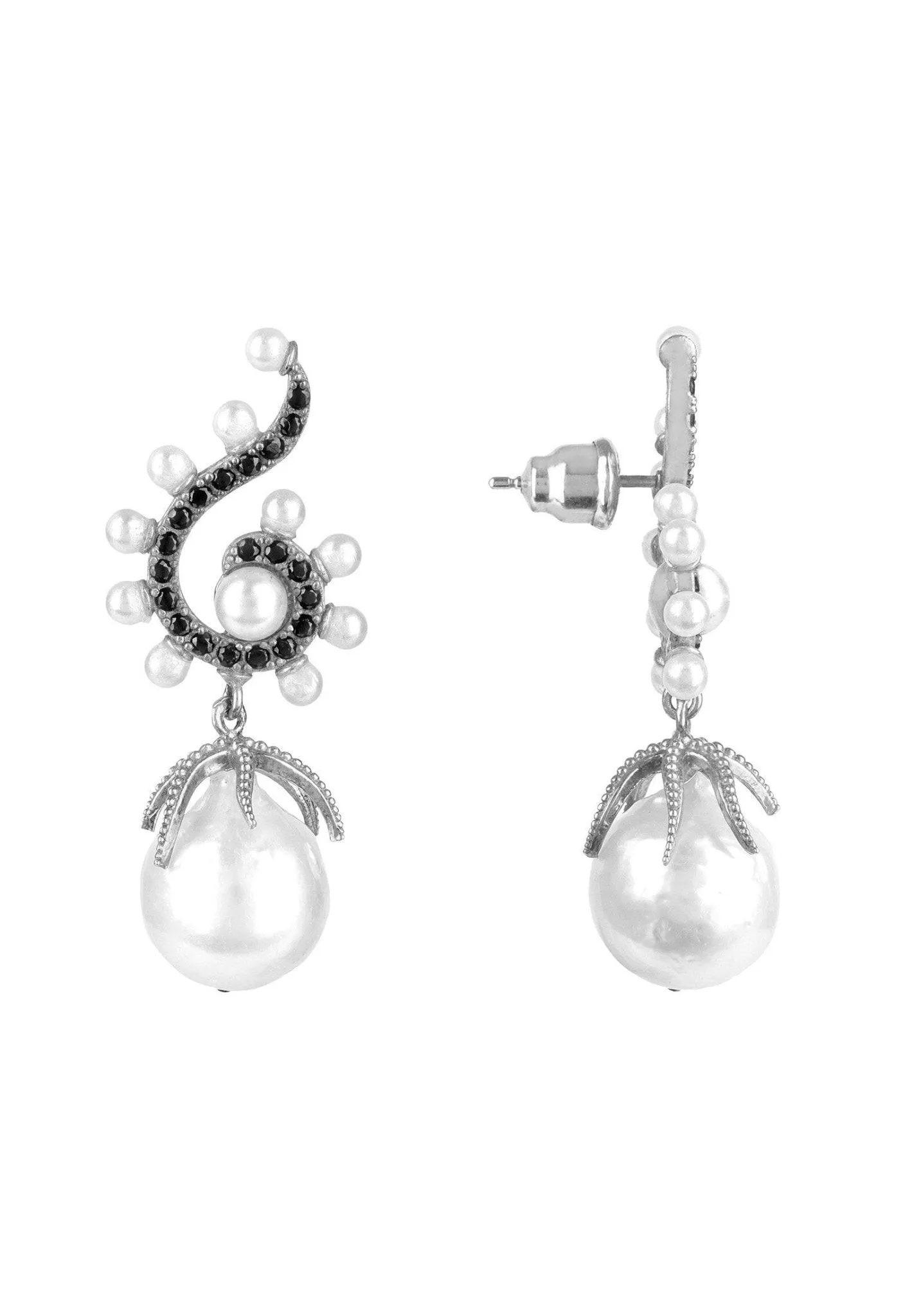 Baroque Pearl Poseidon Gemstone Drop Earrings Black Silver