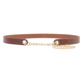 Beautiful leather belt with chain detail / 14930 - Cognac