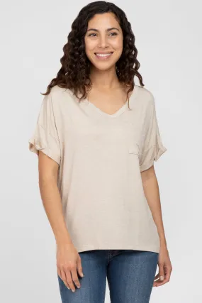 Beige Basic Pocket Front Short Sleeve Top