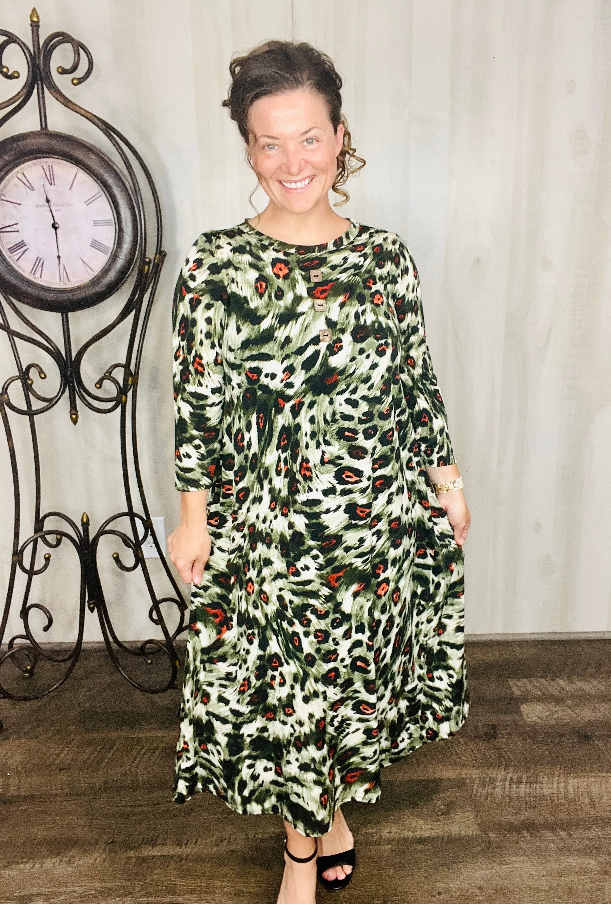 Brenda Olive Animal Print & Buttons Dress