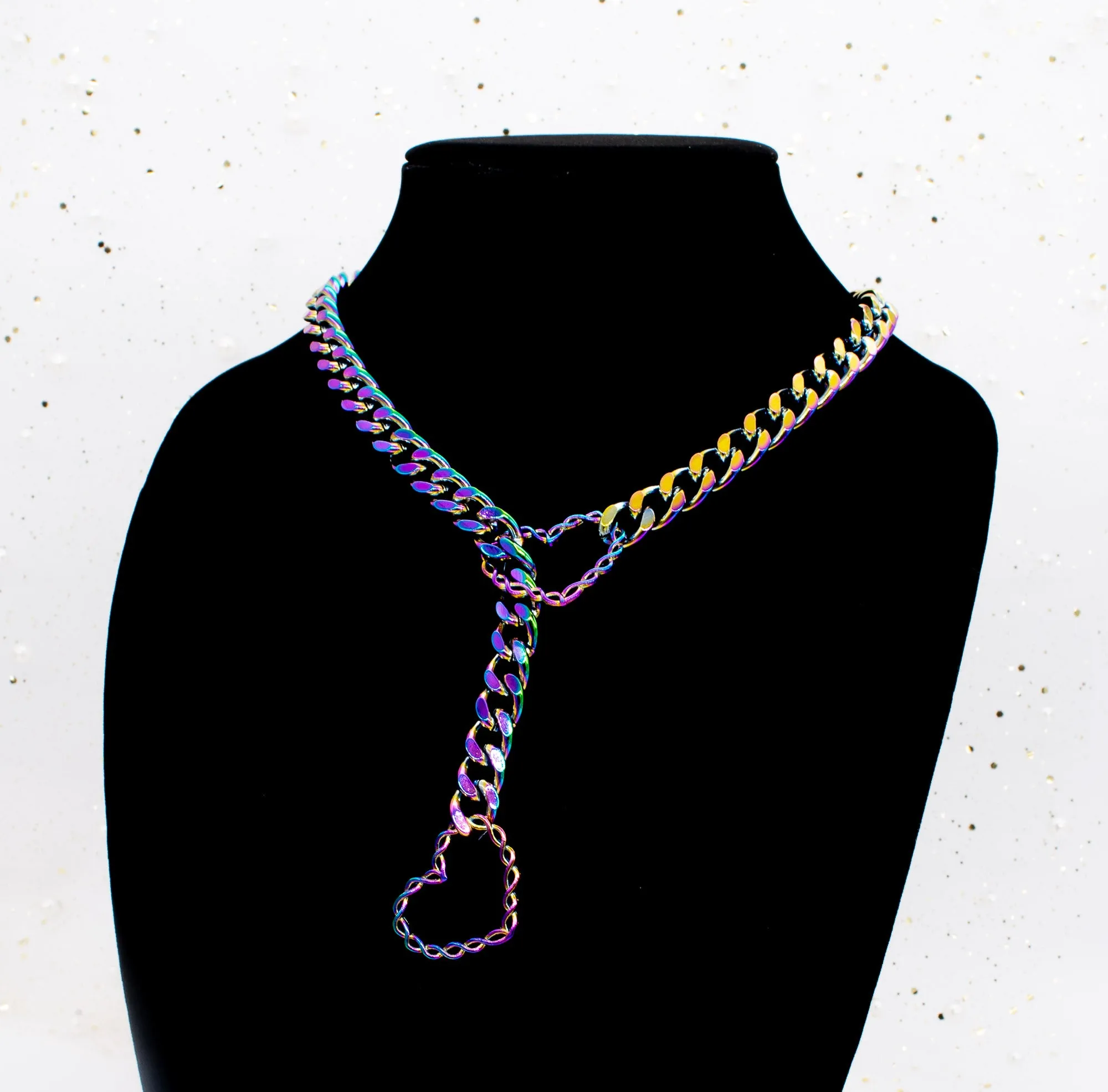 BUNDLE ~ 3/8" Black Vegan Leather Collar & Slip Chain in Rainbow