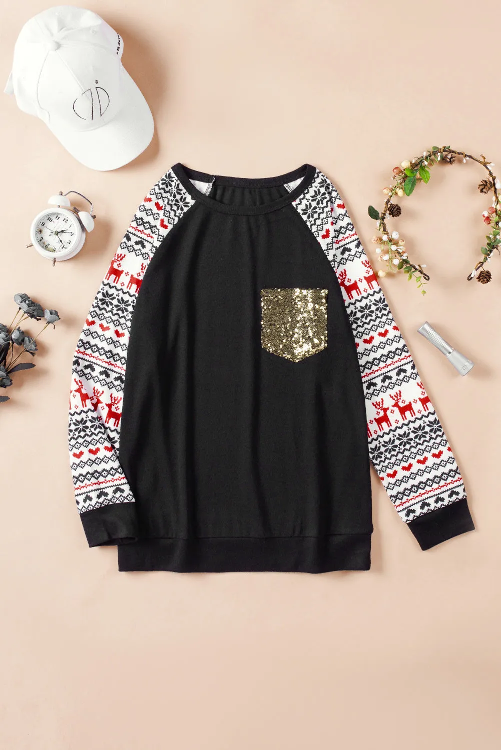 Christmas T-Shirt Pullover Long Sleeve Sequin Pocket RaglanTop