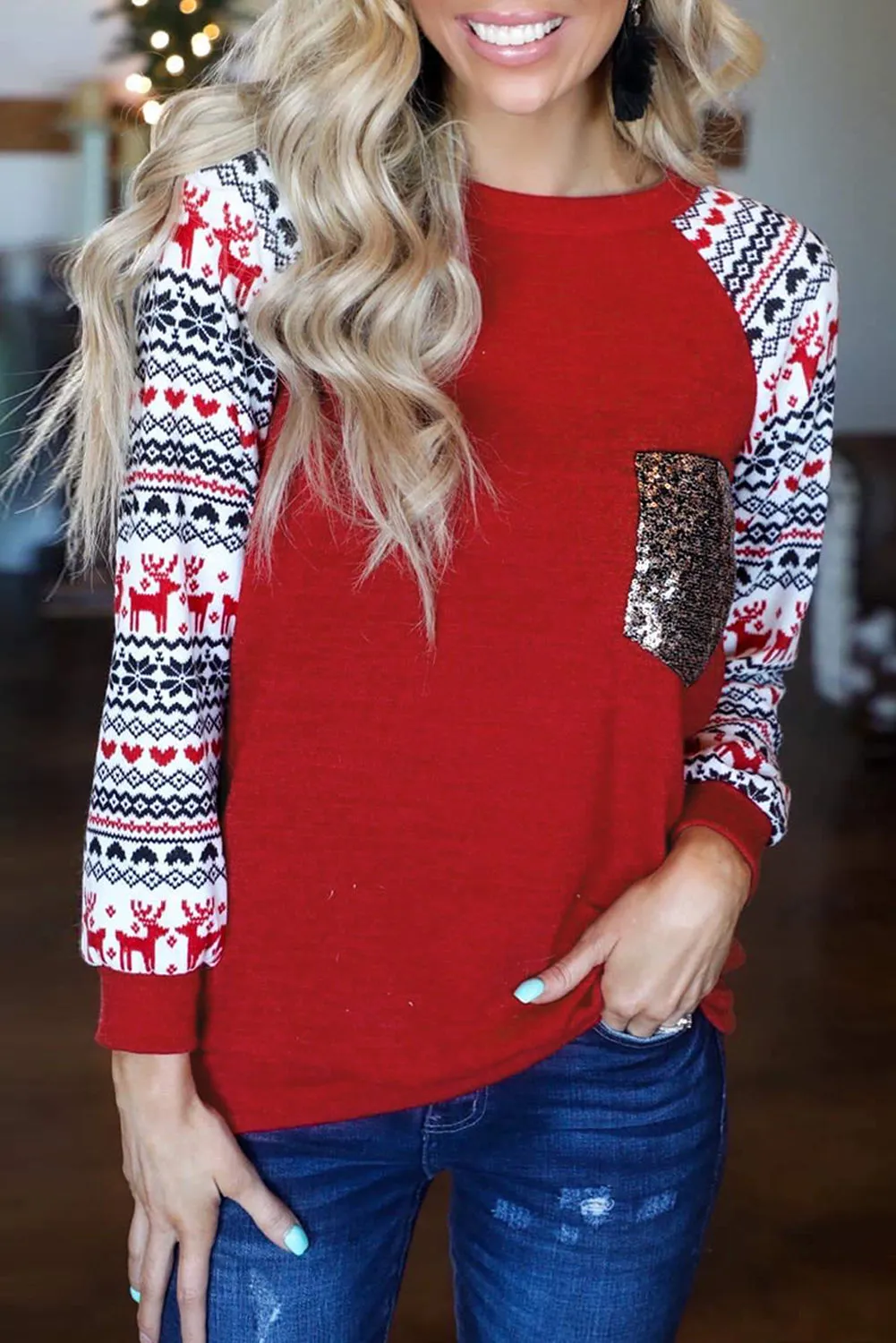 Christmas T-Shirt Pullover Long Sleeve Sequin Pocket RaglanTop