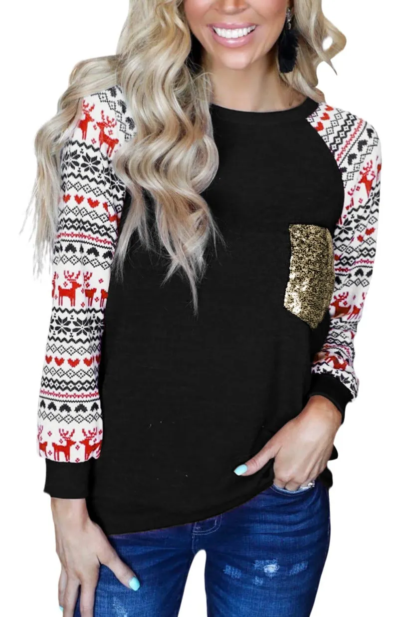 Christmas T-Shirt Pullover Long Sleeve Sequin Pocket RaglanTop