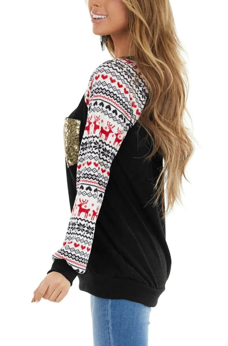 Christmas T-Shirt Pullover Long Sleeve Sequin Pocket RaglanTop