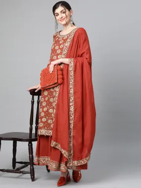 Cinnamon Kalamkari Kurta, Palazzo & Dupatta Set