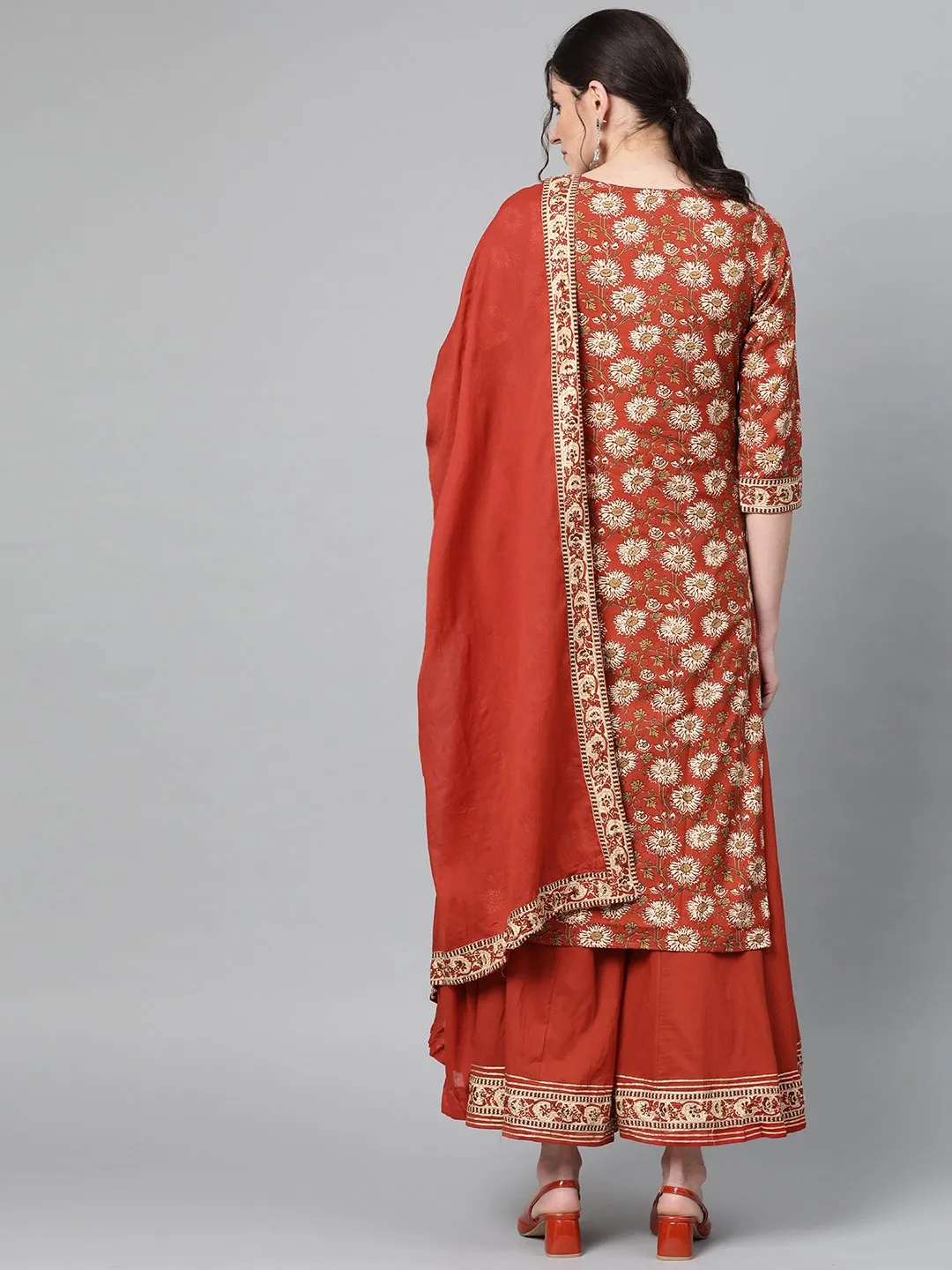 Cinnamon Kalamkari Kurta, Palazzo & Dupatta Set