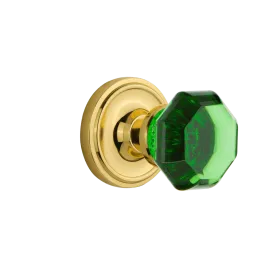 Classic Rosette with Emerald Waldorf Knob in Polished Brass