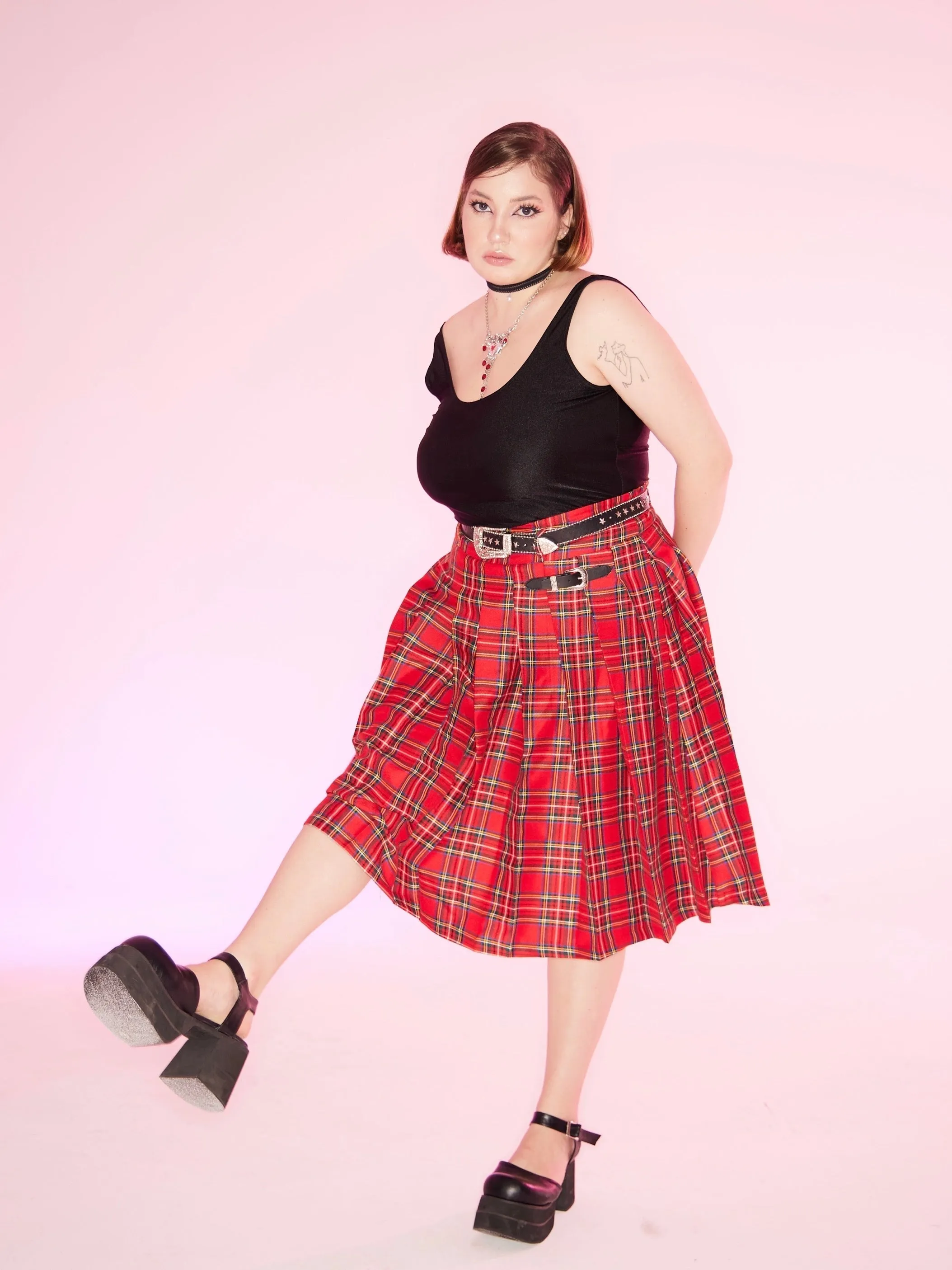 [Curve Beauty] Red Punk Plaid Skirt