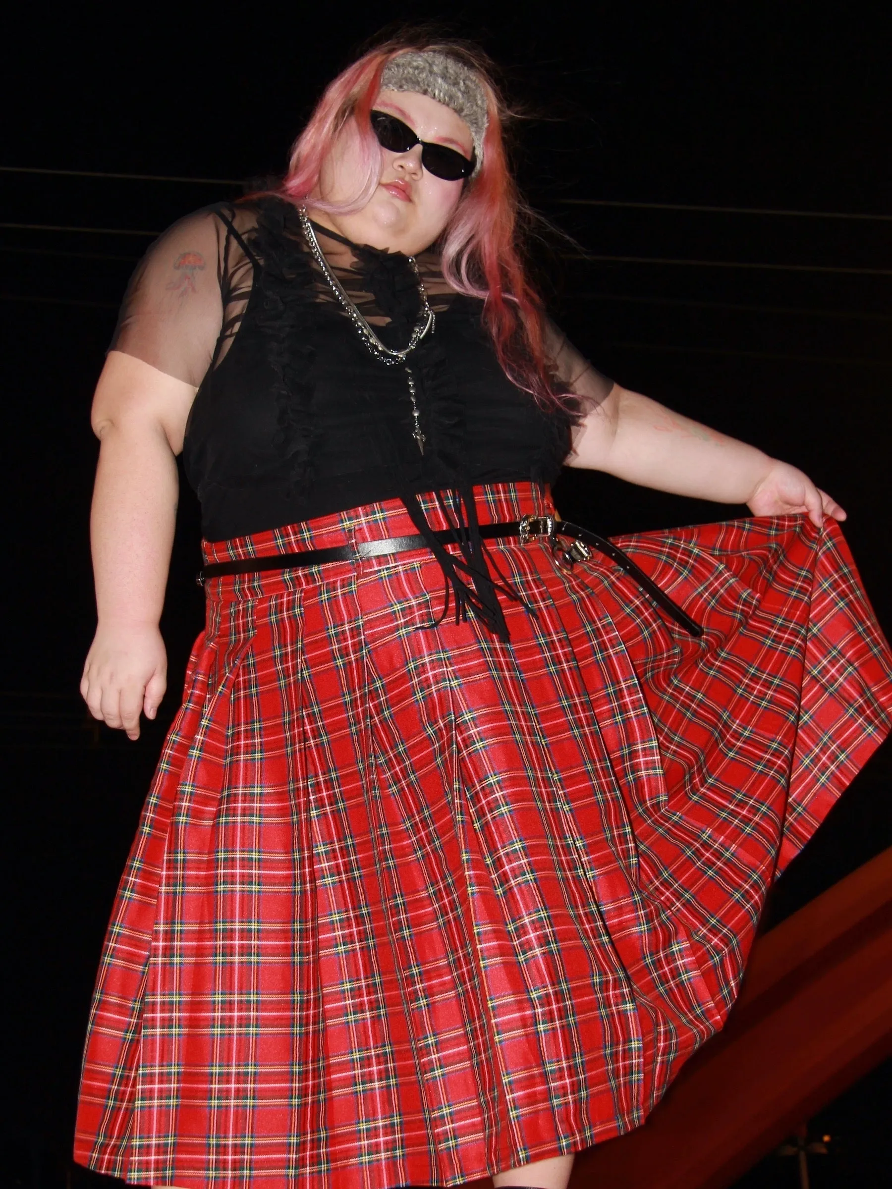 [Curve Beauty] Red Punk Plaid Skirt