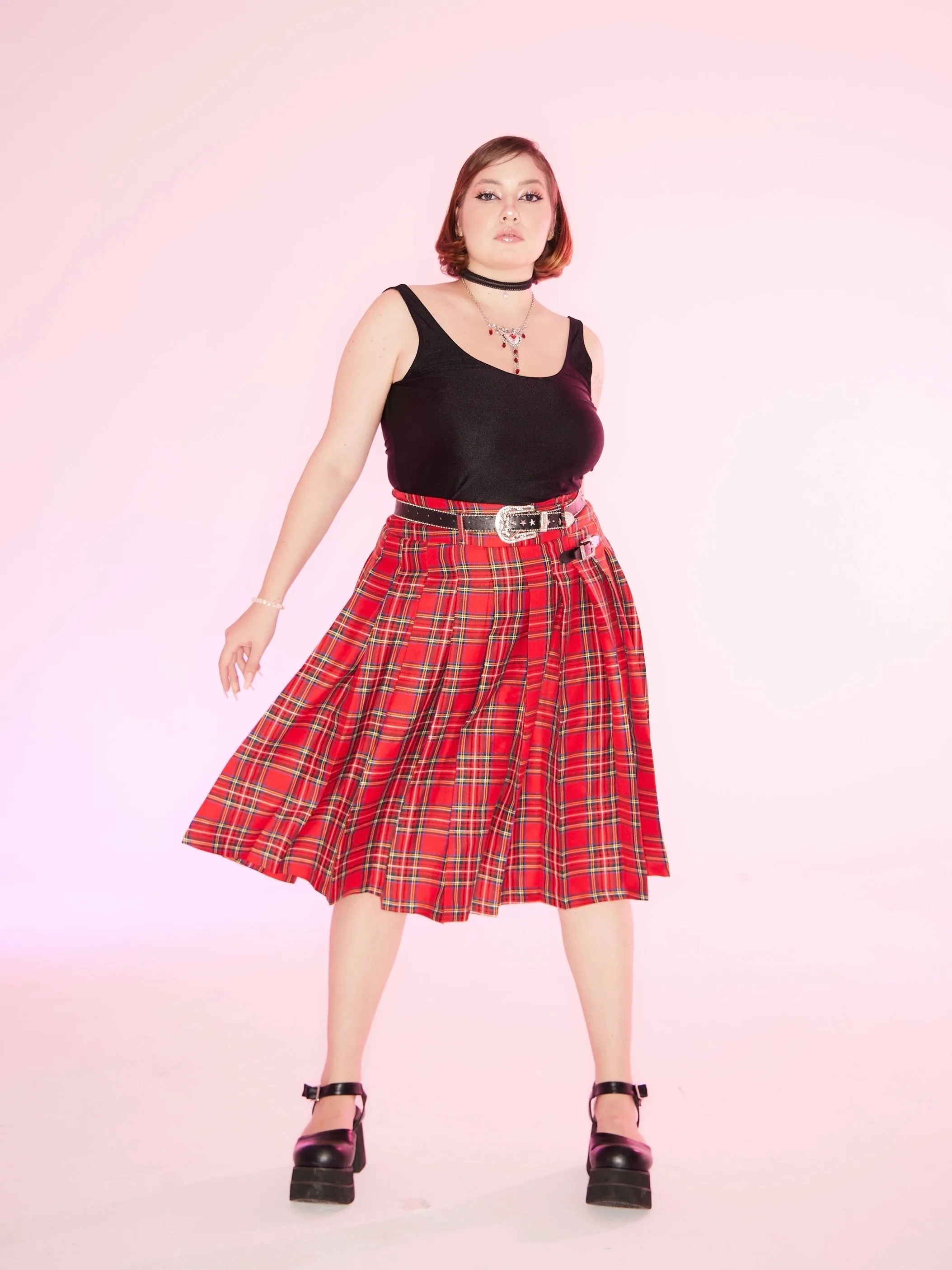 [Curve Beauty] Red Punk Plaid Skirt