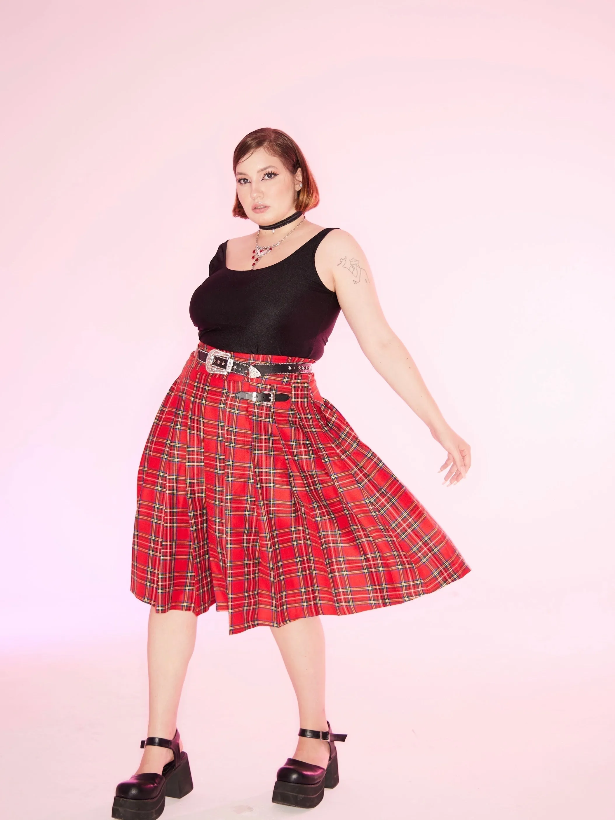 [Curve Beauty] Red Punk Plaid Skirt