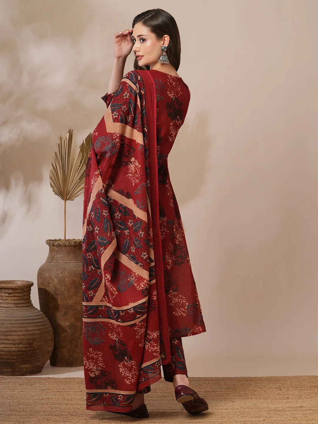 Ethnic Floral Printed & Embroidered Straight Fit Kurta with Pant & Dupatta - Brown