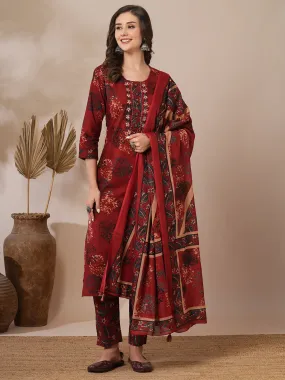 Ethnic Floral Printed & Embroidered Straight Fit Kurta with Pant & Dupatta - Brown