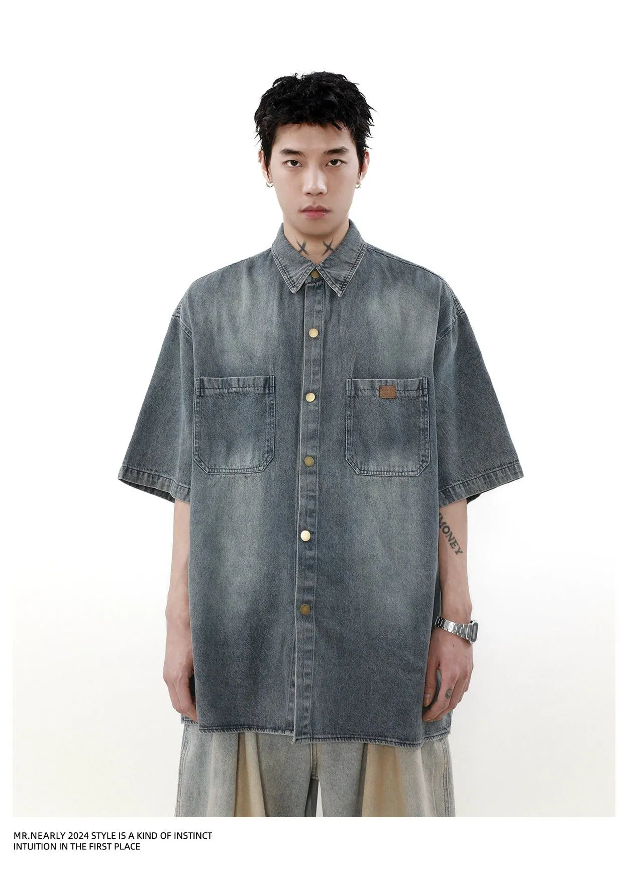 Faded Effect Front Pocket Denim Shirt