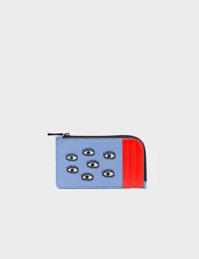 Fausto Vista Blue Leather Zip-around Cardholder - All Over Eyes Embroidery