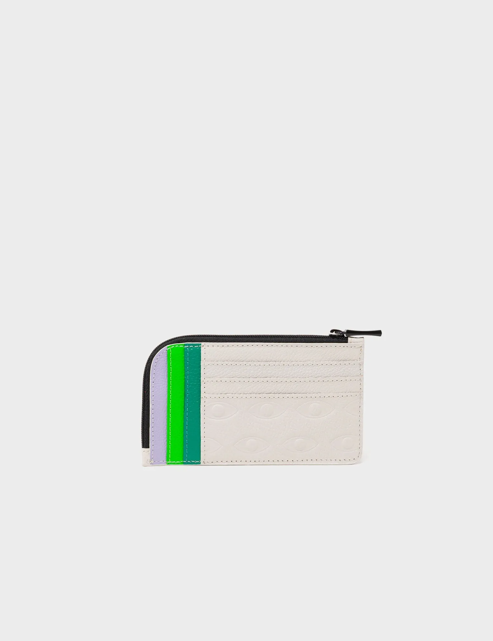 Fausto Zip-around Cream Leather Cardholder - Eyes Pattern Debossed