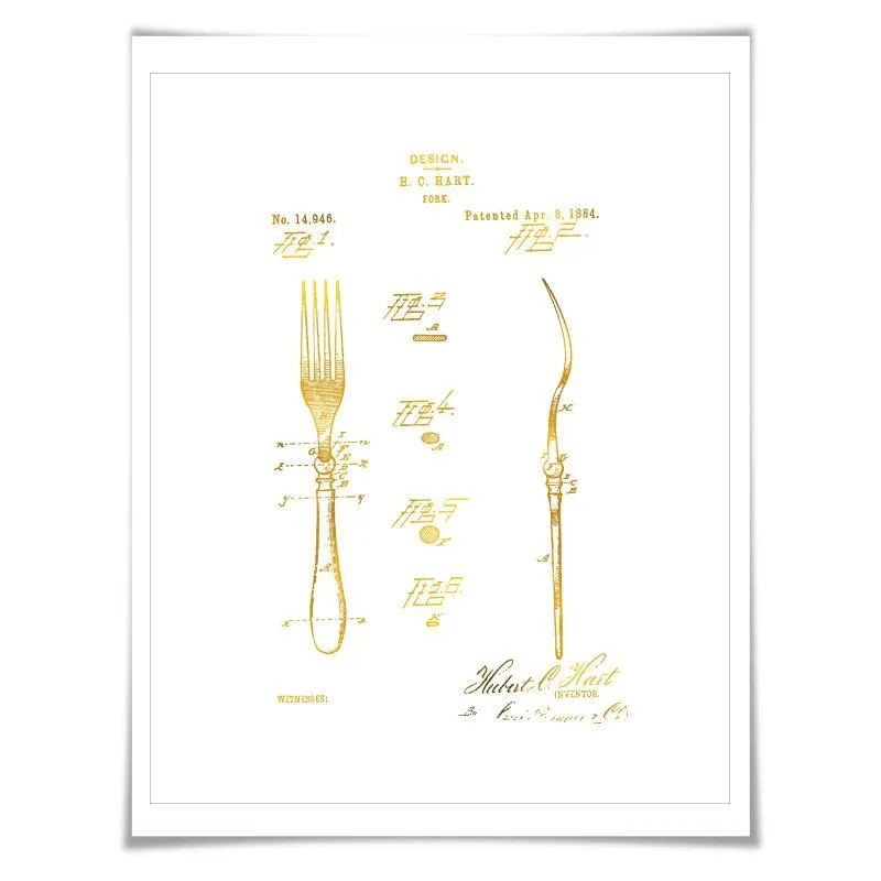 Fork Patent Drawing Illustration Gold Foil Art Print. 7 Foil Colours. Vintage Poster Cooking Baking Kitchen Chef