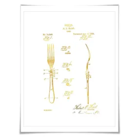 Fork Patent Drawing Illustration Gold Foil Art Print. 7 Foil Colours. Vintage Poster Cooking Baking Kitchen Chef