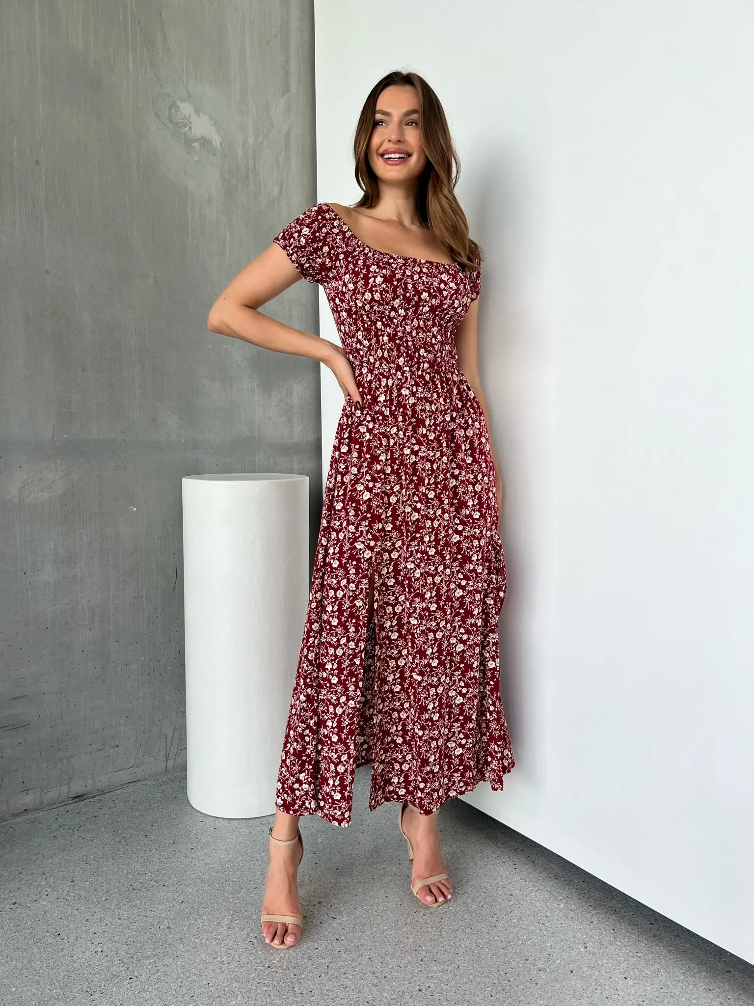 Gigi Off Shoulder Red Ditsy Print Shirred Maxi Dress