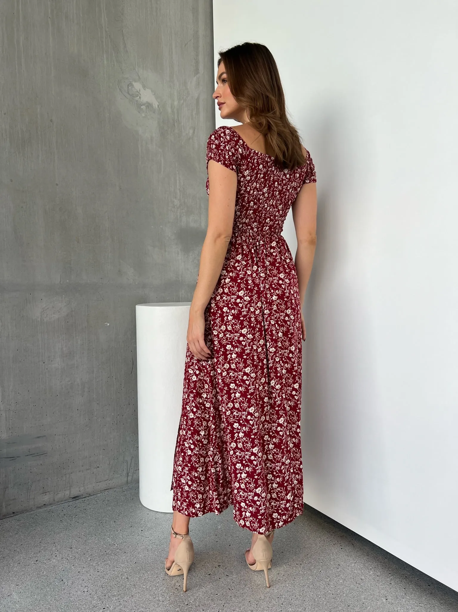 Gigi Off Shoulder Red Ditsy Print Shirred Maxi Dress