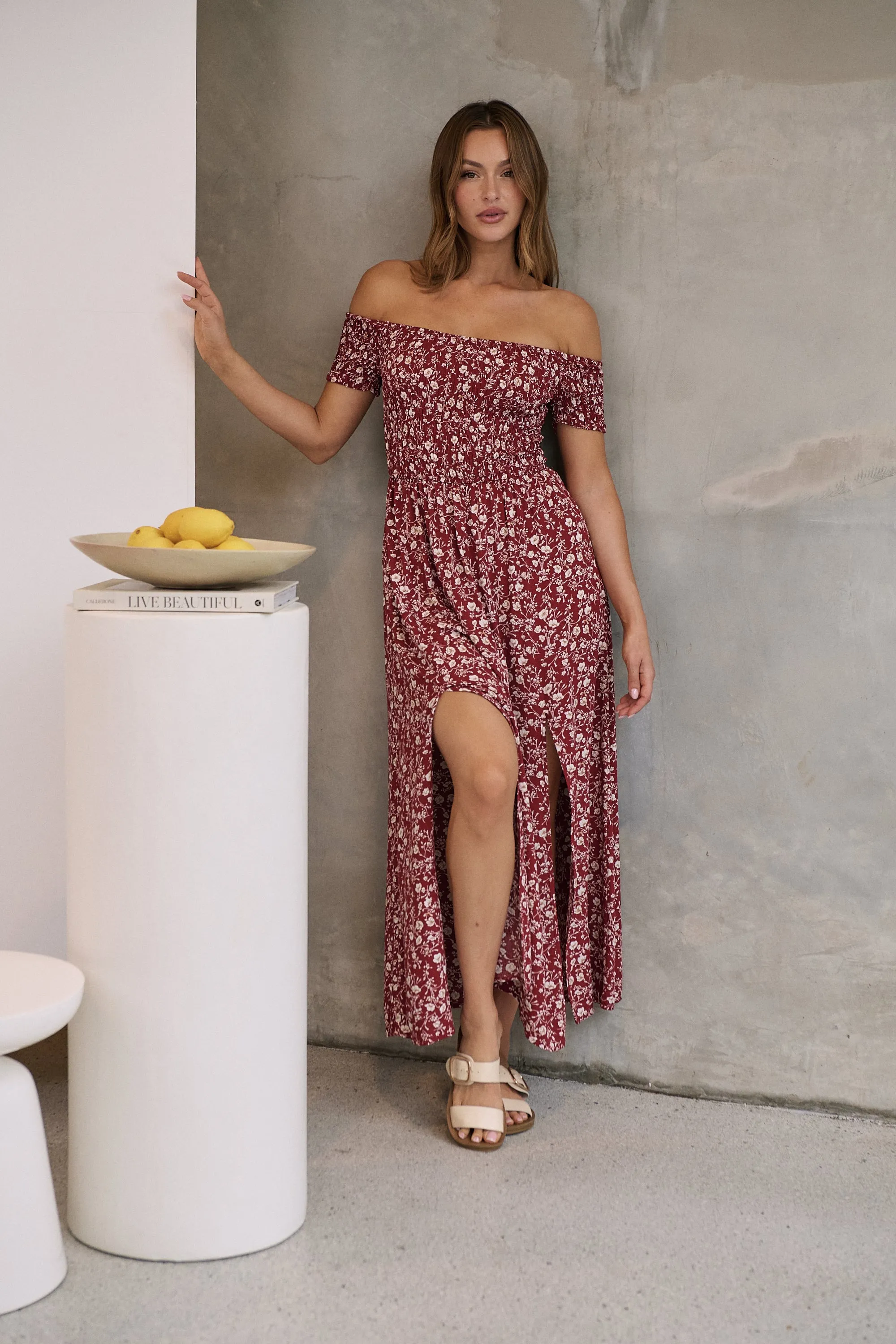 Gigi Off Shoulder Red Ditsy Print Shirred Maxi Dress