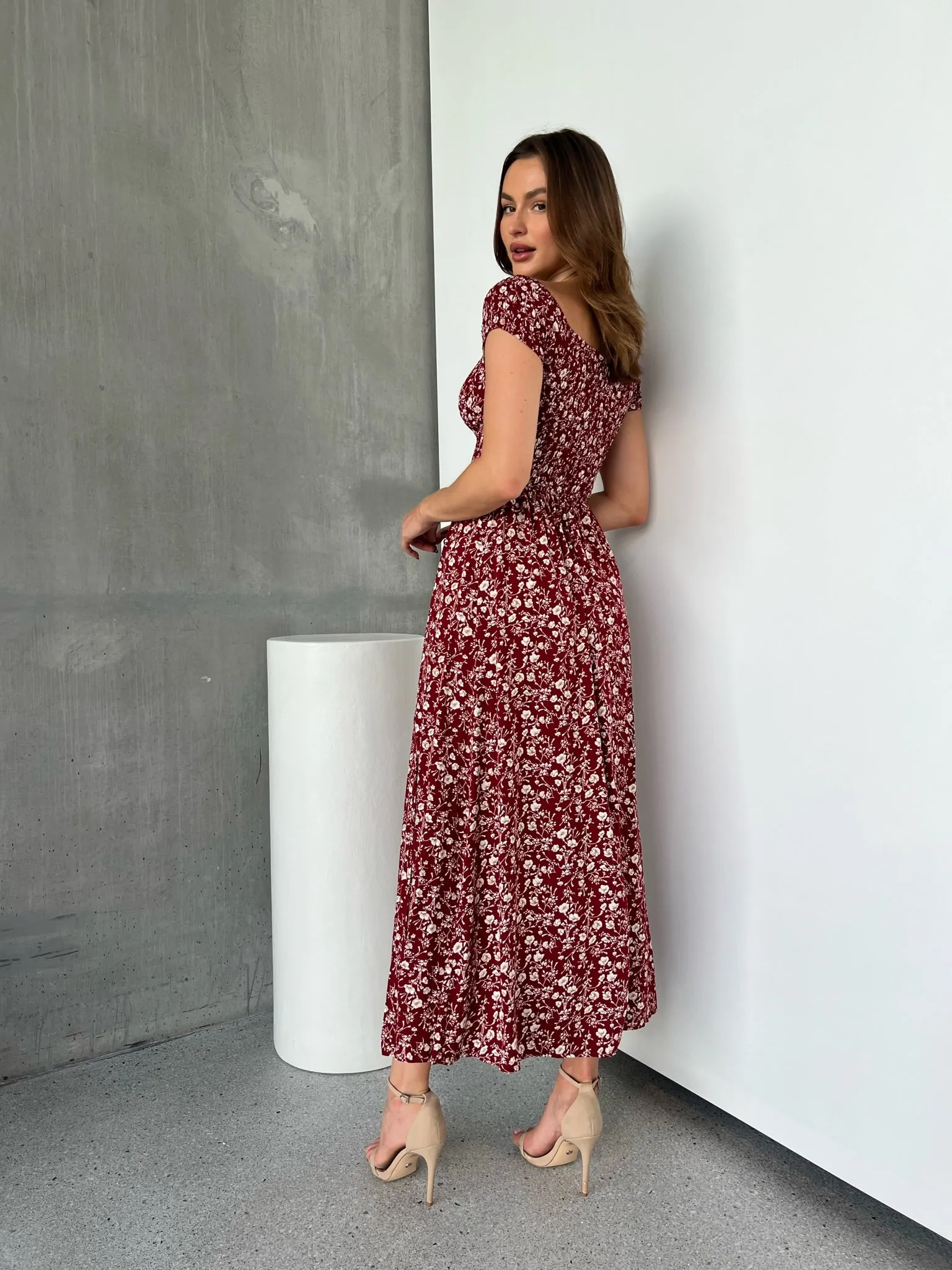 Gigi Off Shoulder Red Ditsy Print Shirred Maxi Dress