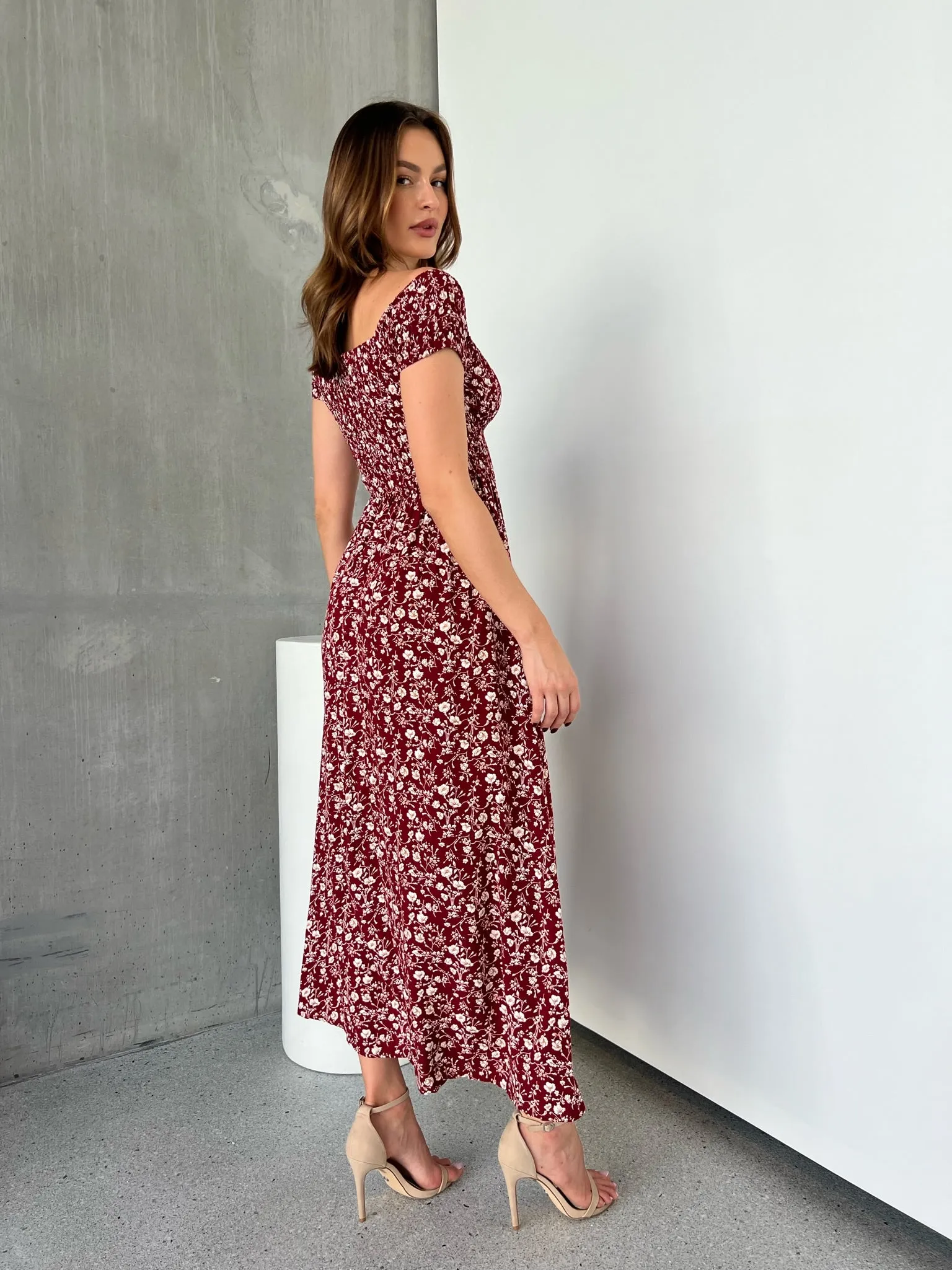 Gigi Off Shoulder Red Ditsy Print Shirred Maxi Dress