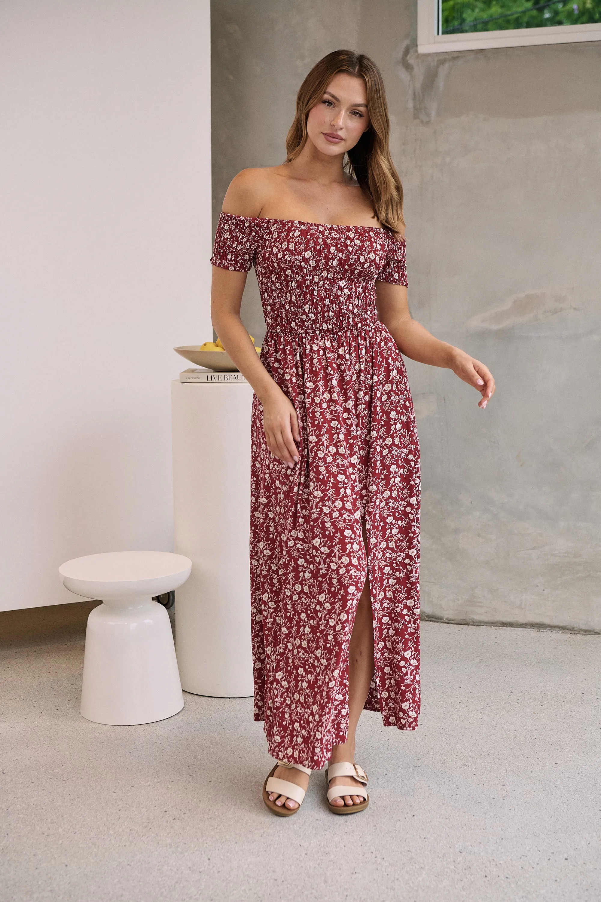 Gigi Off Shoulder Red Ditsy Print Shirred Maxi Dress