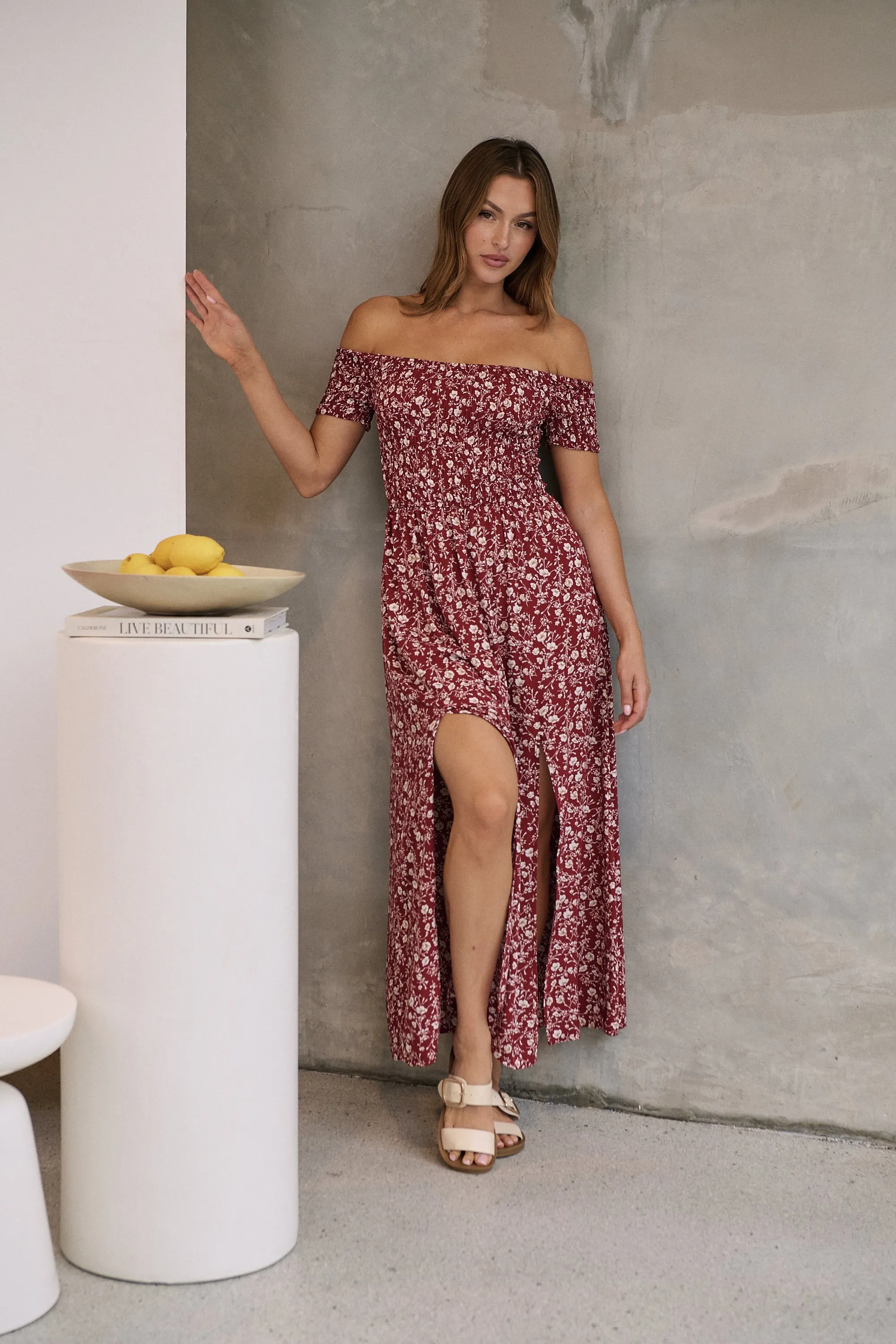 Gigi Off Shoulder Red Ditsy Print Shirred Maxi Dress