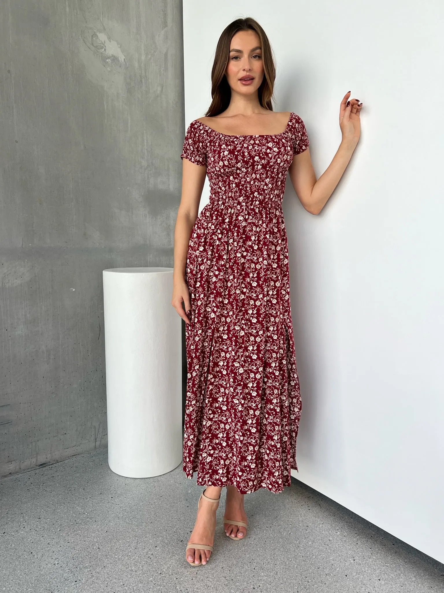 Gigi Off Shoulder Red Ditsy Print Shirred Maxi Dress