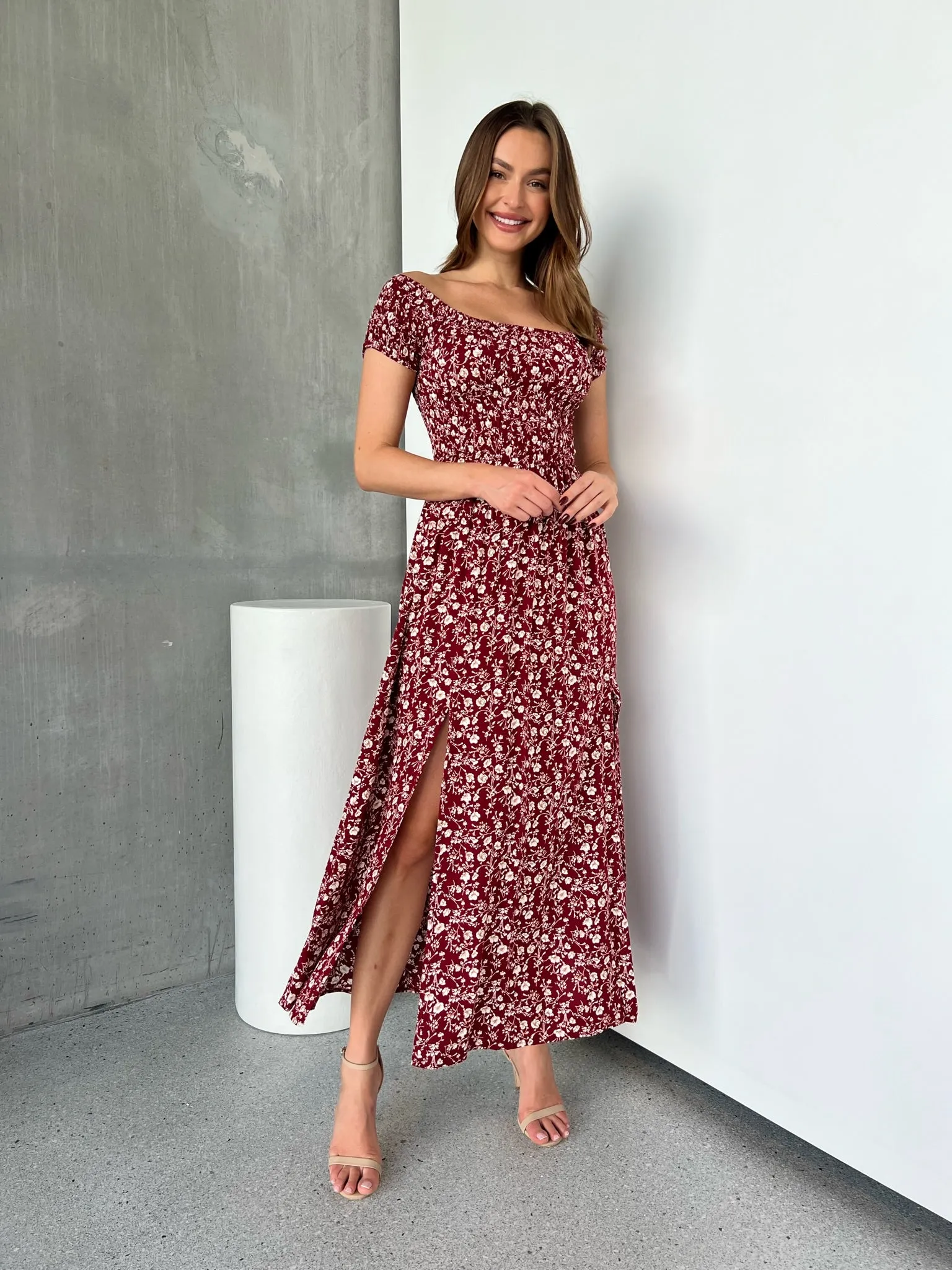 Gigi Off Shoulder Red Ditsy Print Shirred Maxi Dress