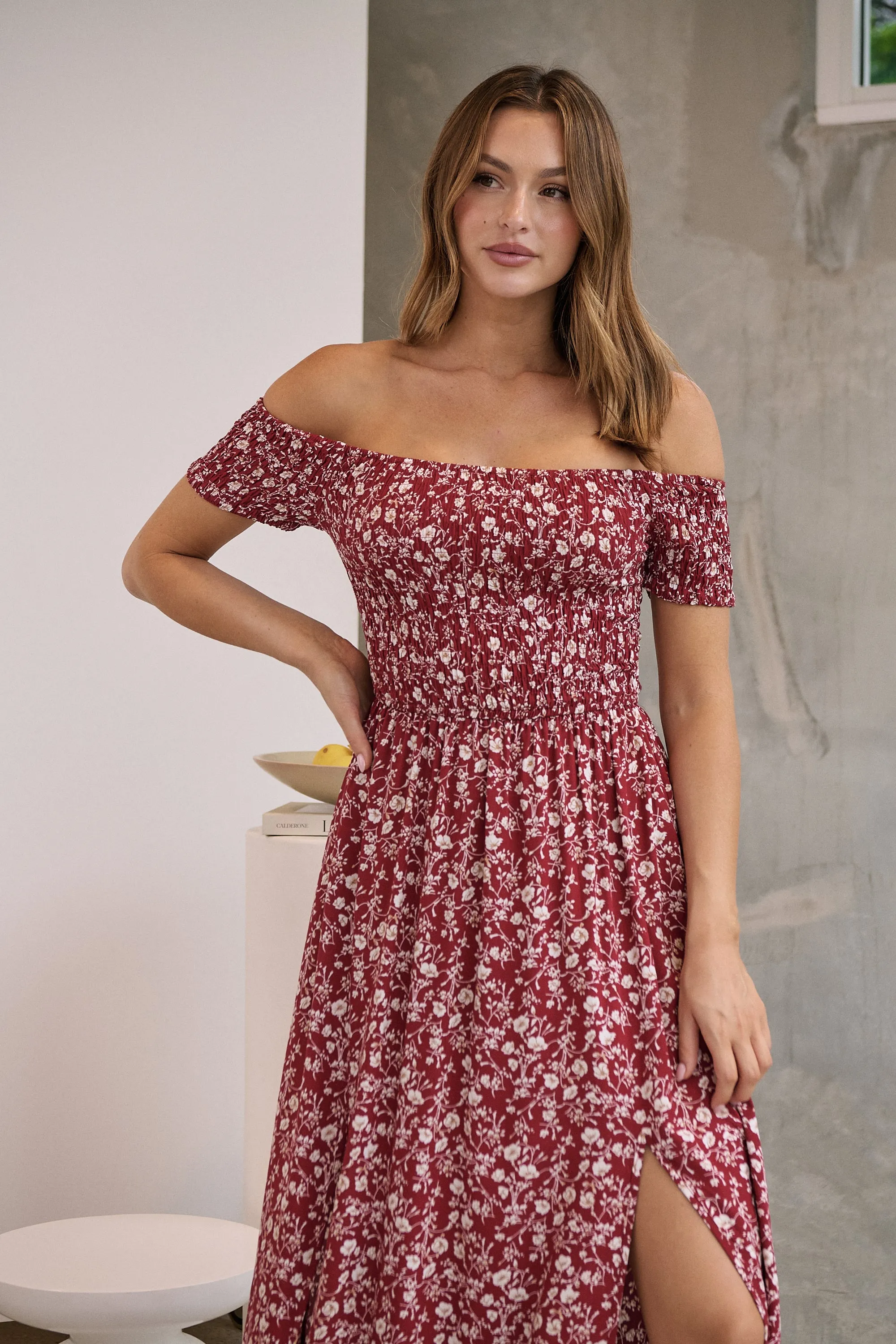 Gigi Off Shoulder Red Ditsy Print Shirred Maxi Dress