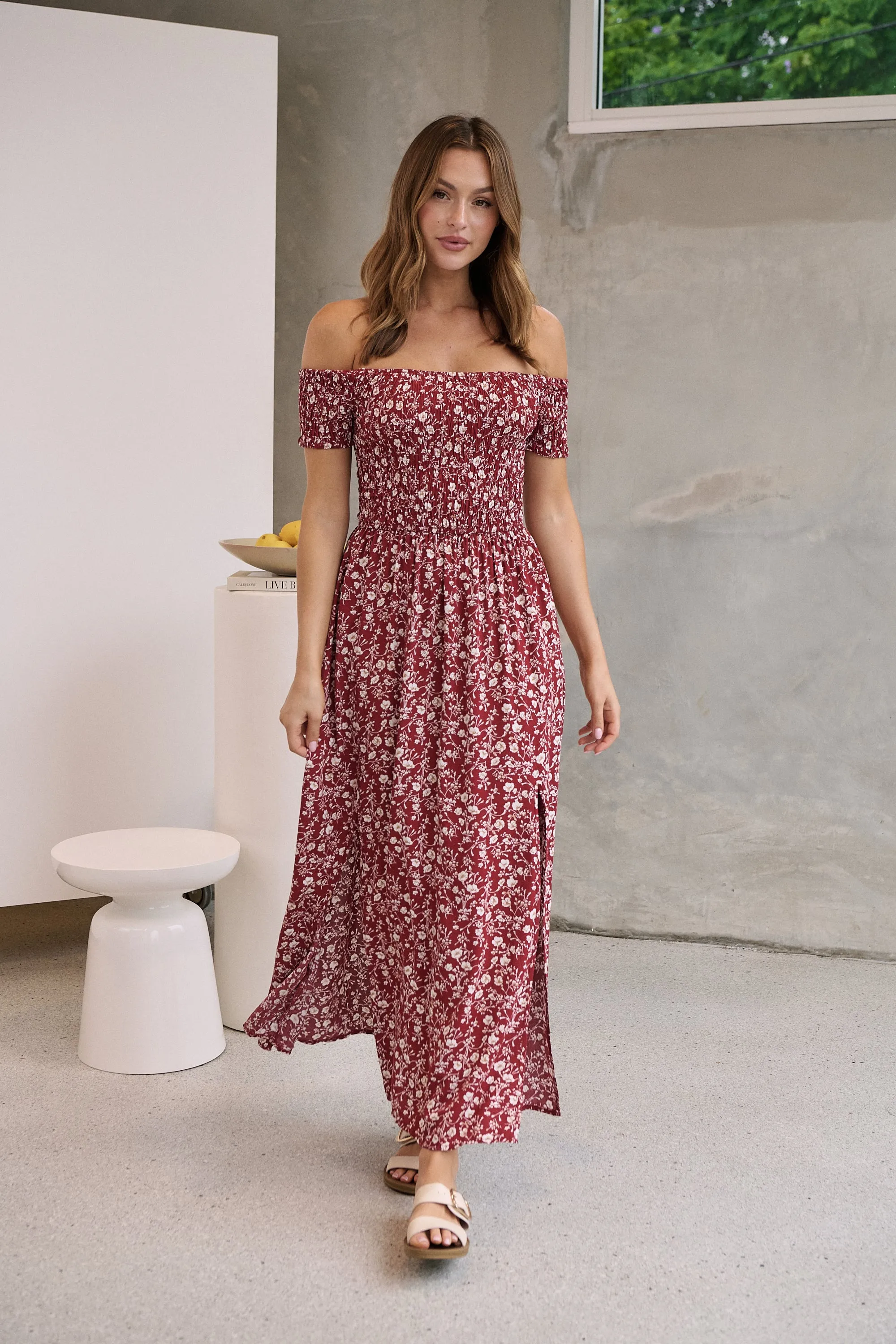 Gigi Off Shoulder Red Ditsy Print Shirred Maxi Dress