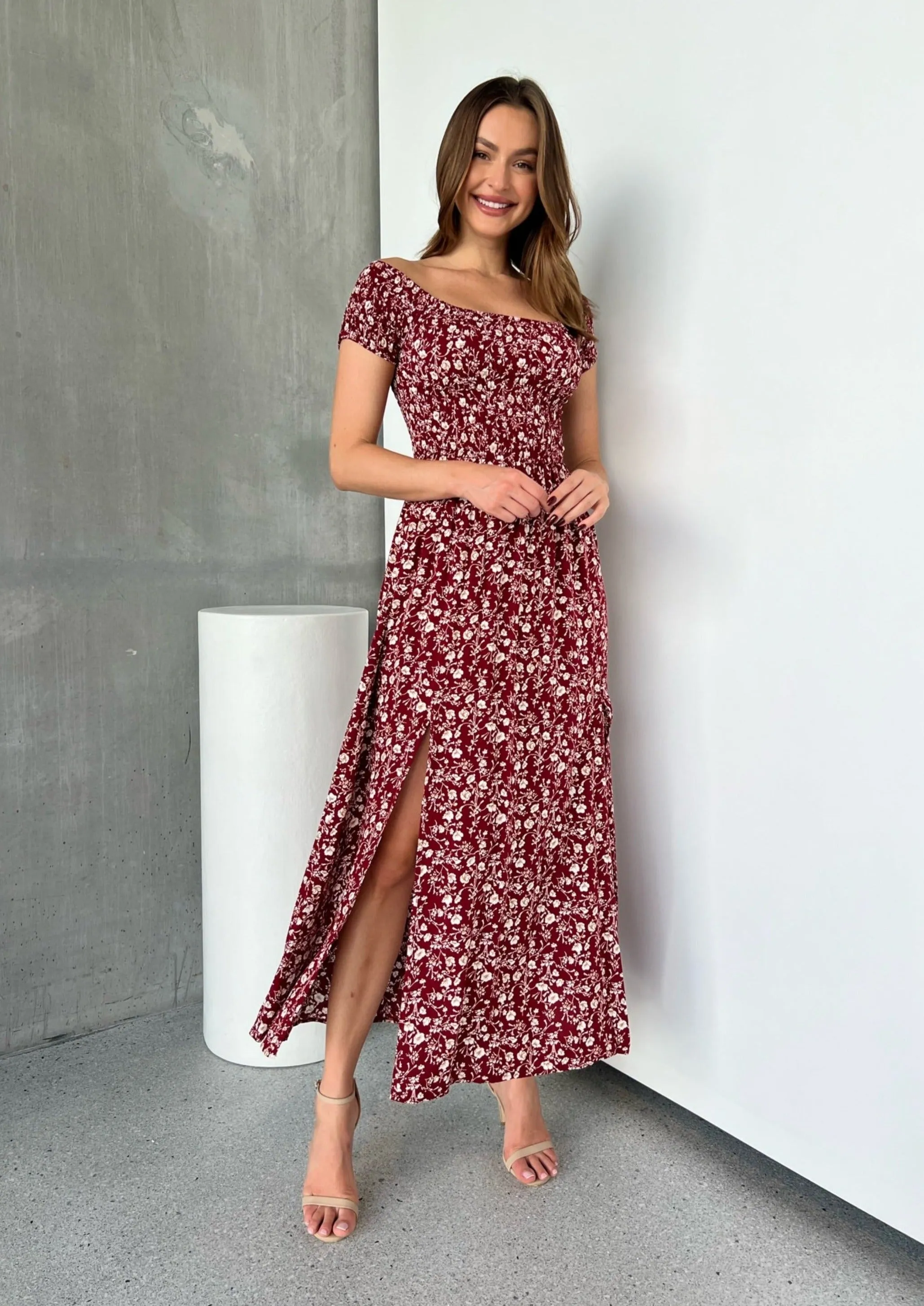 Gigi Off Shoulder Red Ditsy Print Shirred Maxi Dress