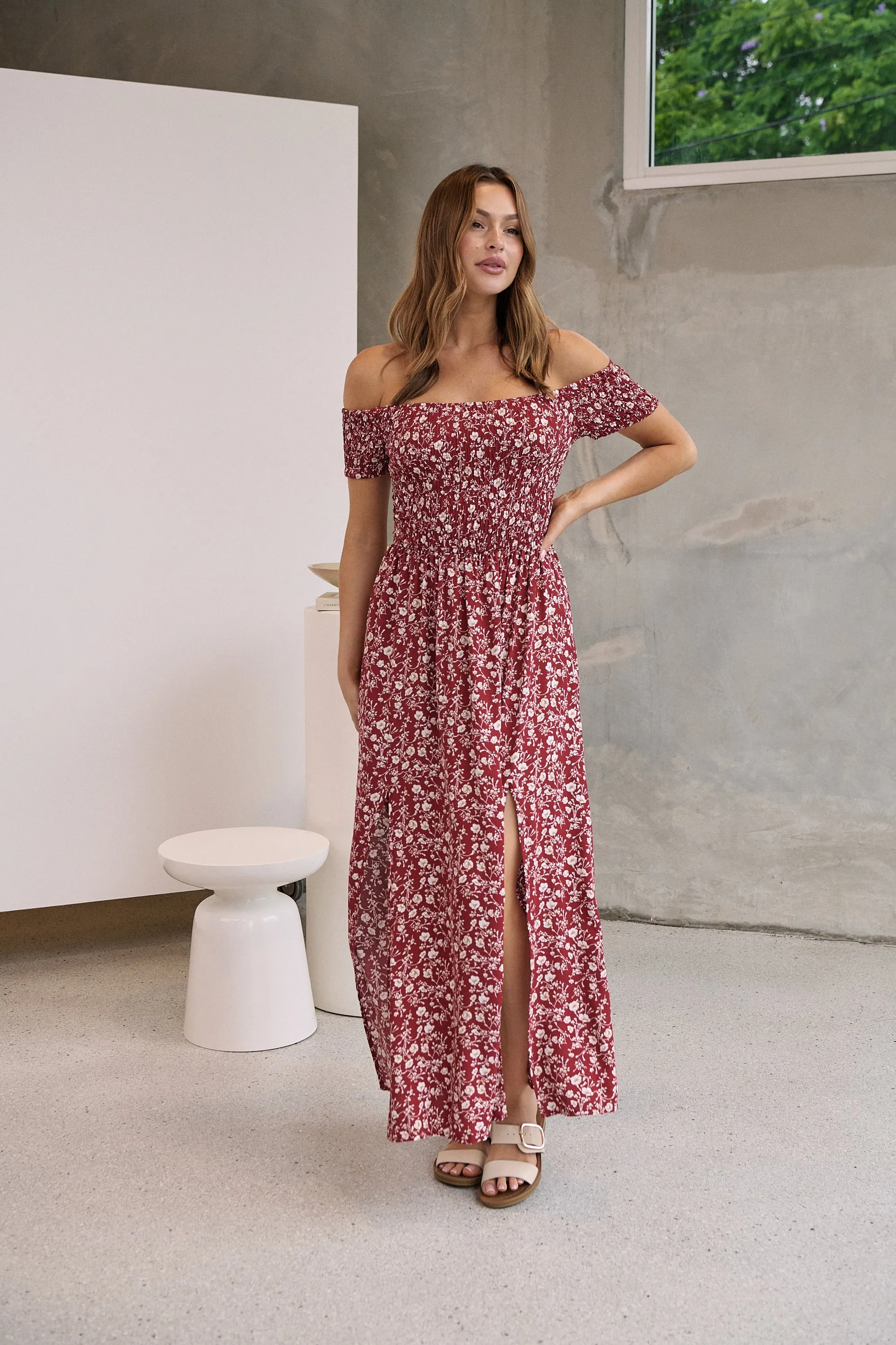 Gigi Off Shoulder Red Ditsy Print Shirred Maxi Dress