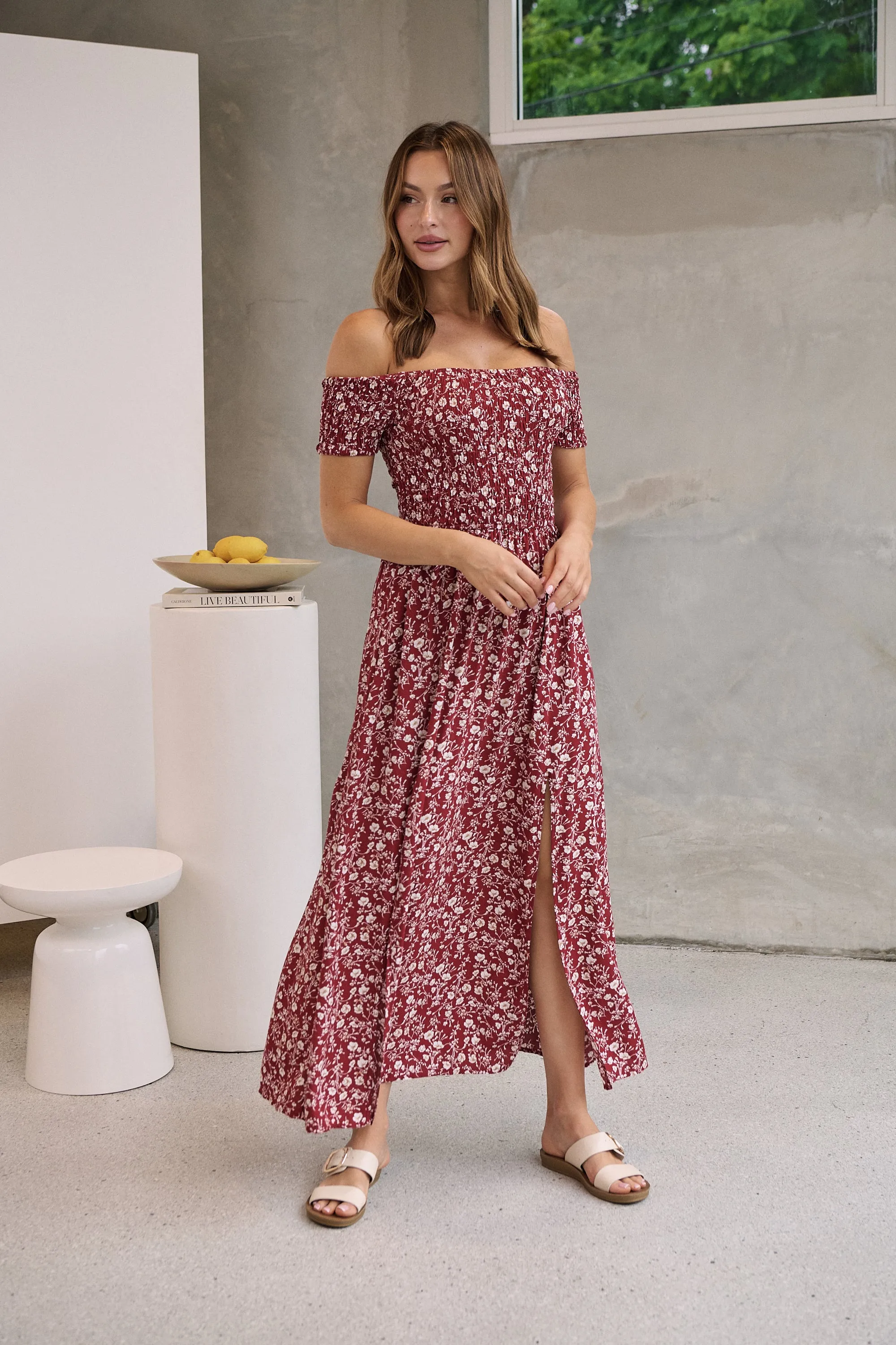 Gigi Off Shoulder Red Ditsy Print Shirred Maxi Dress