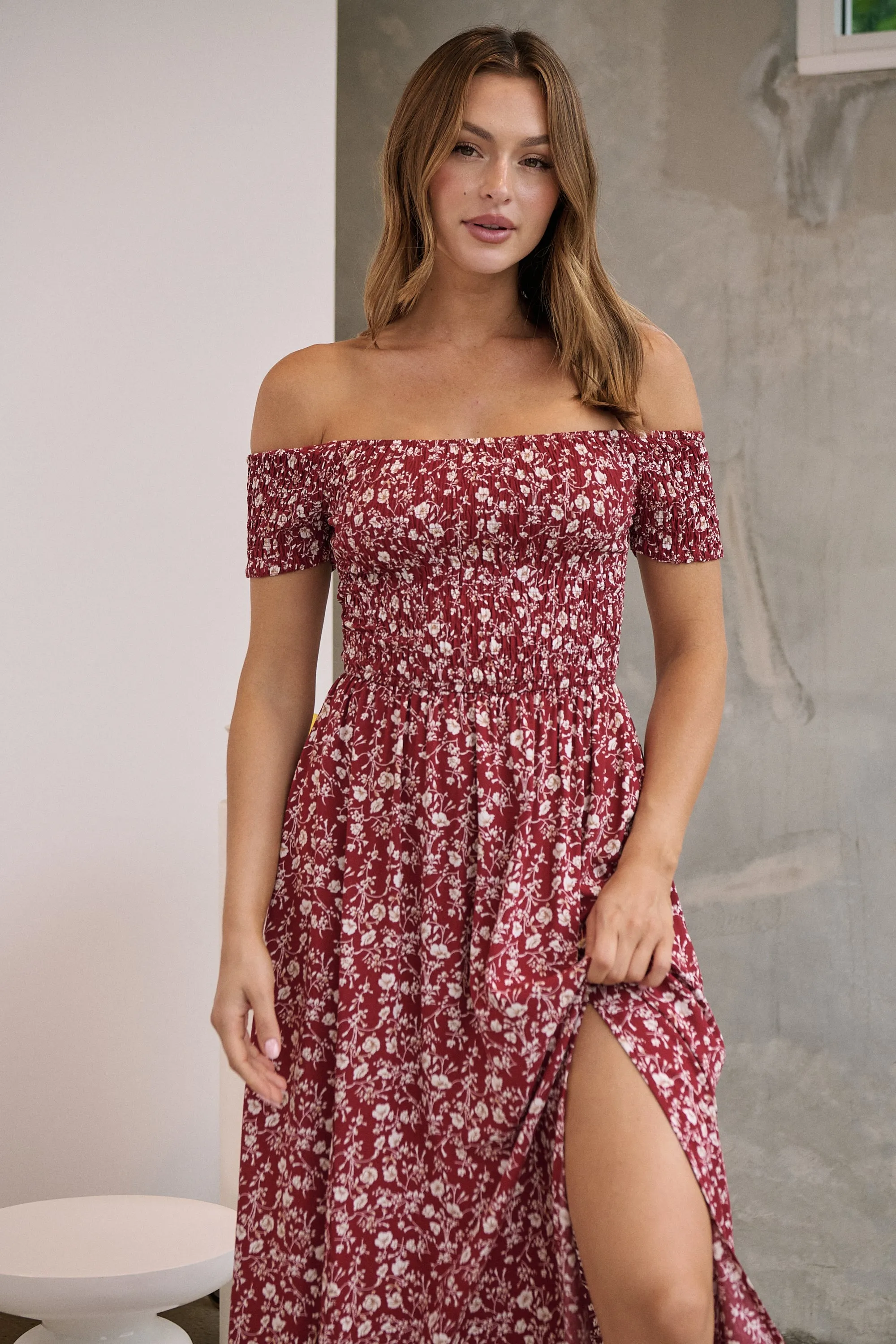 Gigi Off Shoulder Red Ditsy Print Shirred Maxi Dress