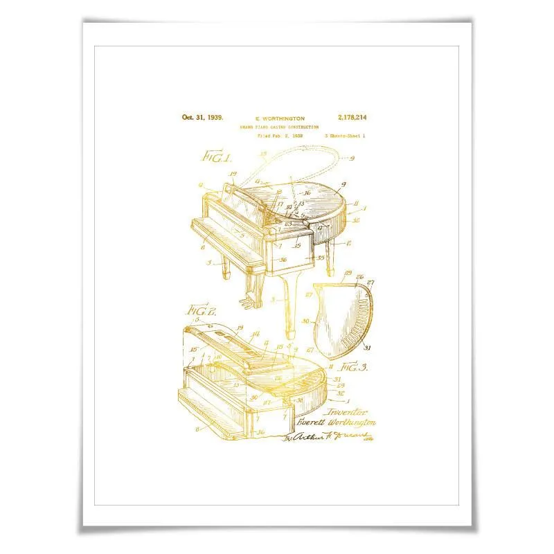 Grand Piano Gold Foil Patent Illustration. 7 Foil Colours. Classical Music Poster. Pianist Art Print