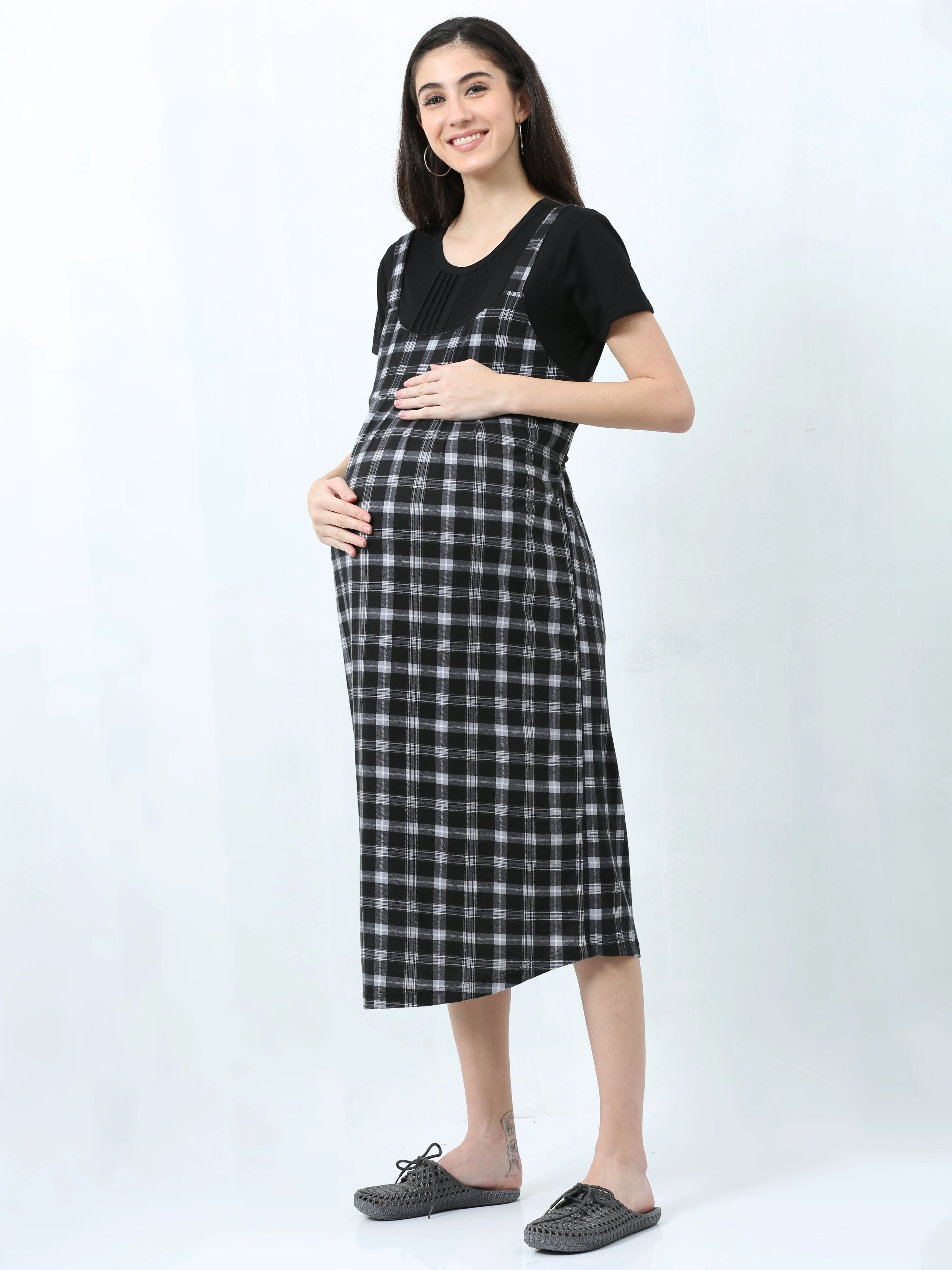 Hosiery Cotton Maternity Nighty Black & Grey