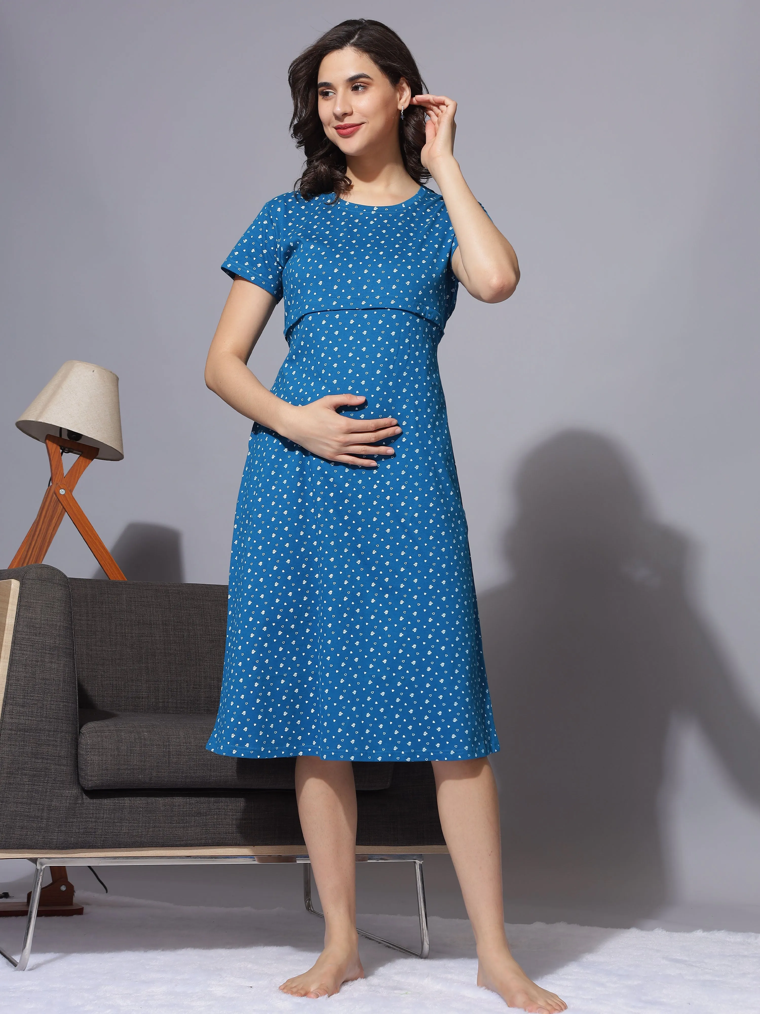 Hosiery Cotton Maternity Petrol Blue Nighty