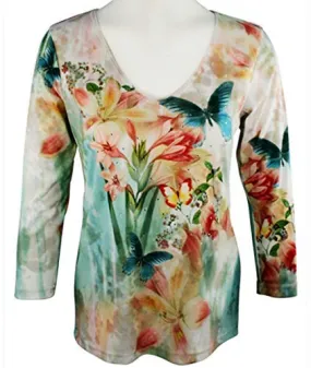 Impulse California - Butterfly Floral, 3/4 Sleeve, V-Neck, Rhinestone Accent Top