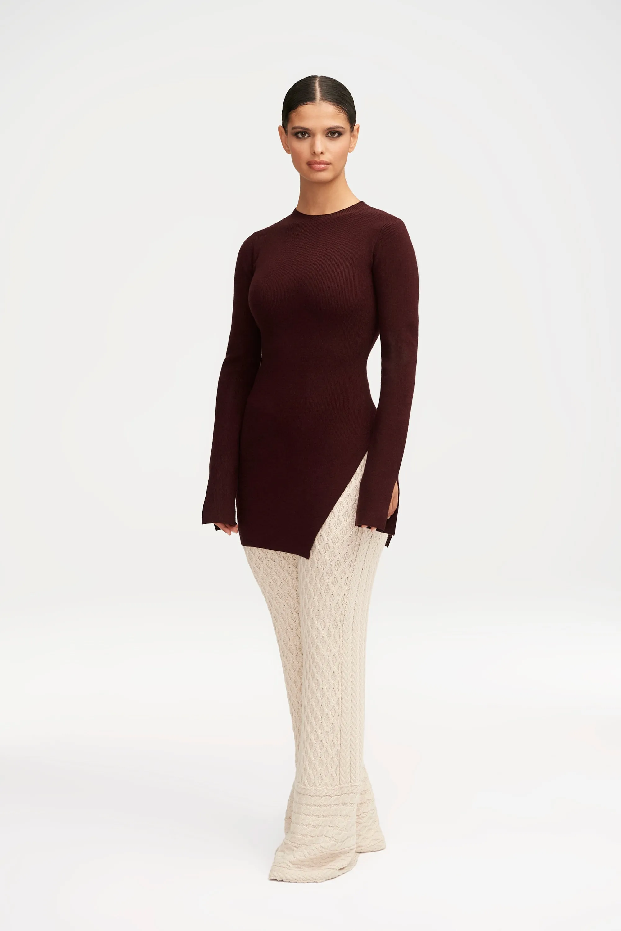 Inaya Ribbed Side Slit Top - Chocolate Plum